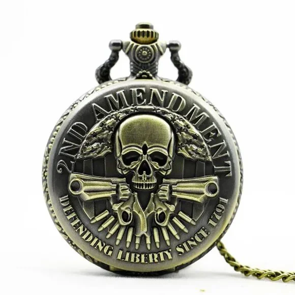 Skull Gun Cards Vintage Bronze Pocket Watch with Chain Necklace - Picture 2 of 7